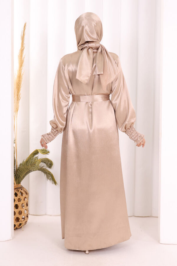 Şallı Elbise Broşlu Abaya Takım 7055 Vizon - 4