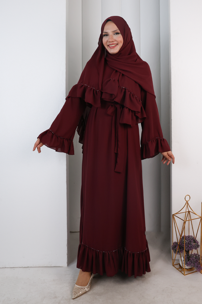 Şallı Fırfırlı Elbise 6085 Bordo - 1
