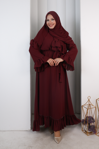Şallı Fırfırlı Elbise 6085 Bordo - 2