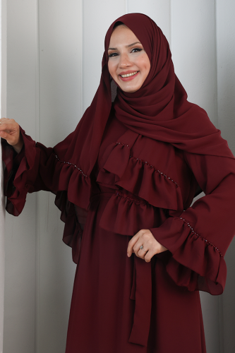 Şallı Fırfırlı Elbise 6085 Bordo - 3