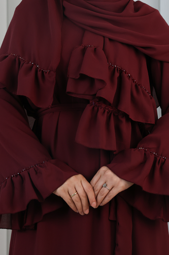 Şallı Fırfırlı Elbise 6085 Bordo - 4