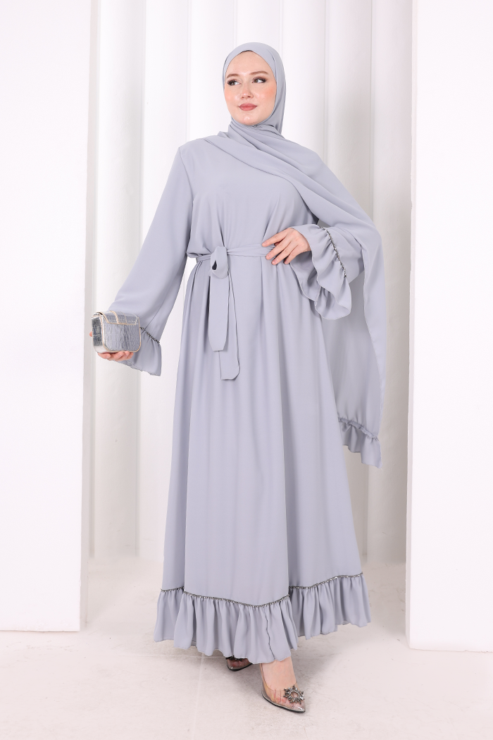 Şallı Fırfırlı Elbise 6085 Gri - 1