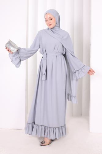 Şallı Fırfırlı Elbise 6085 Gri - 2