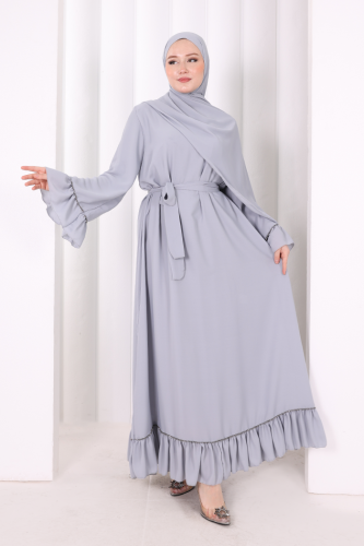 Şallı Fırfırlı Elbise 6085 Gri - 3