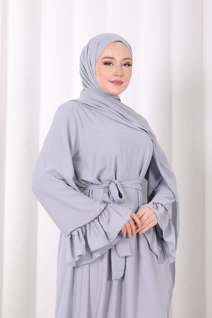 Şallı Fırfırlı Elbise 6085 Gri - 4