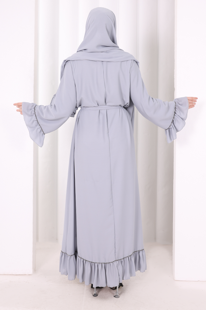 Şallı Fırfırlı Elbise 6085 Gri - 5