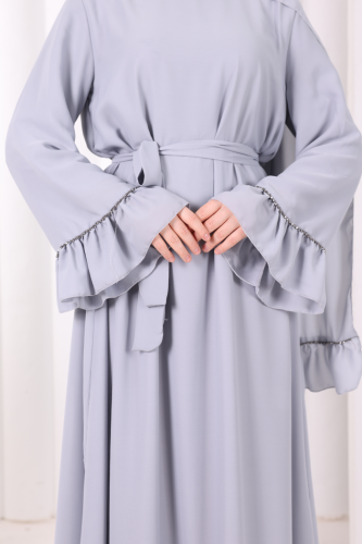 Şallı Fırfırlı Elbise 6085 Gri - 6