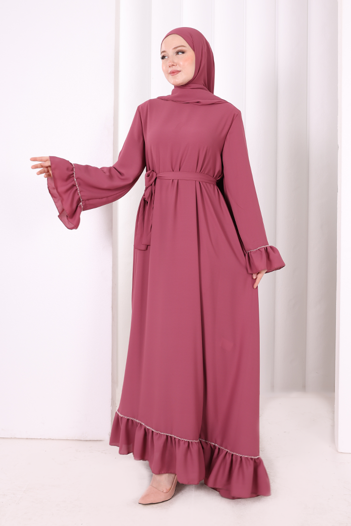 Şallı Fırfırlı Elbise 6085 Gül Kurusu - 1