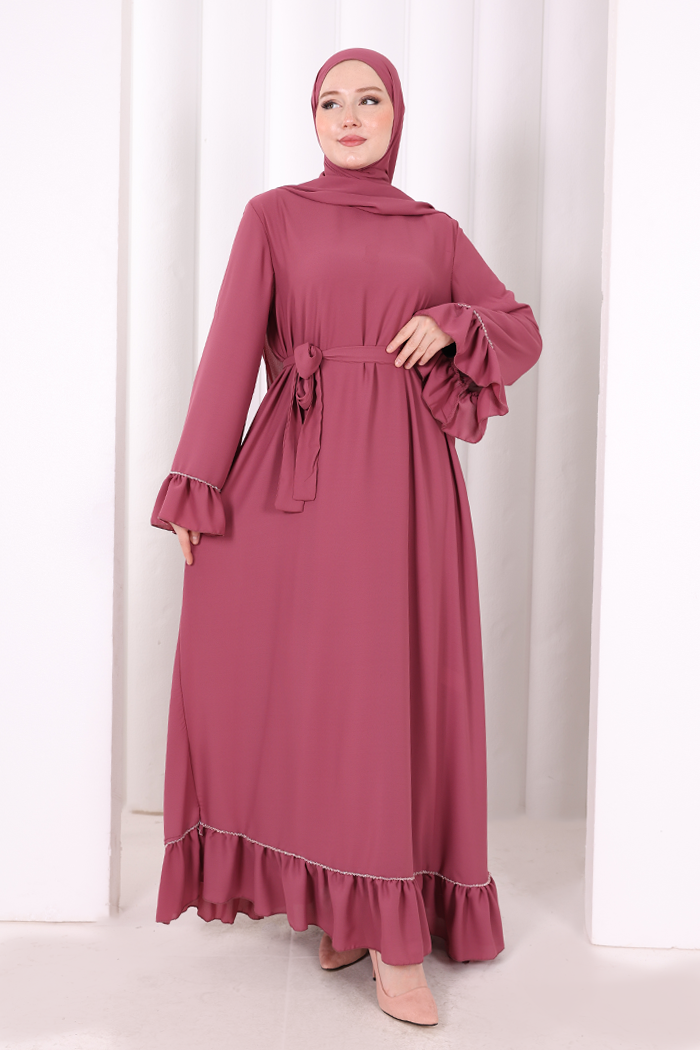Şallı Fırfırlı Elbise 6085 Gül Kurusu - 4