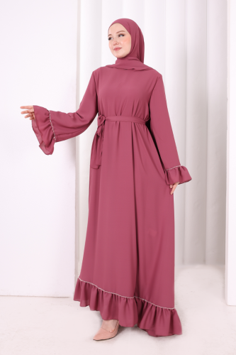 Şallı Fırfırlı Elbise 6085 Gül Kurusu