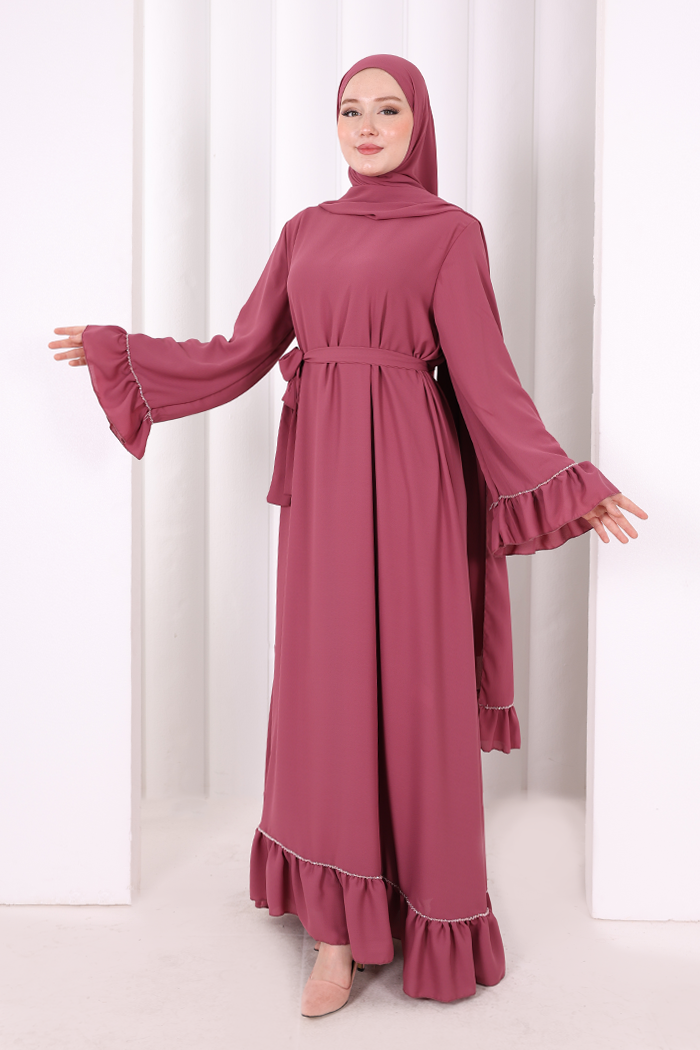 Şallı Fırfırlı Elbise 6085 Gül Kurusu - 3