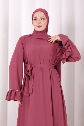 Şallı Fırfırlı Elbise 6085 Gül Kurusu - 5