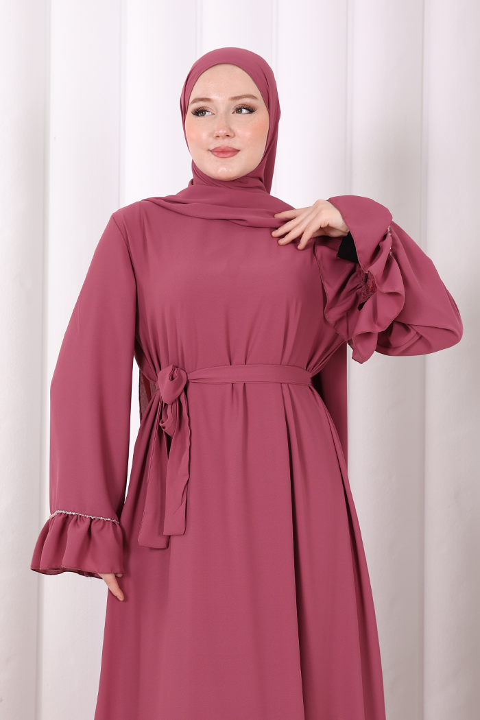 Şallı Fırfırlı Elbise 6085 Gül Kurusu - 5