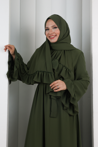 Şallı Fırfırlı Elbise 6085 Haki - 4