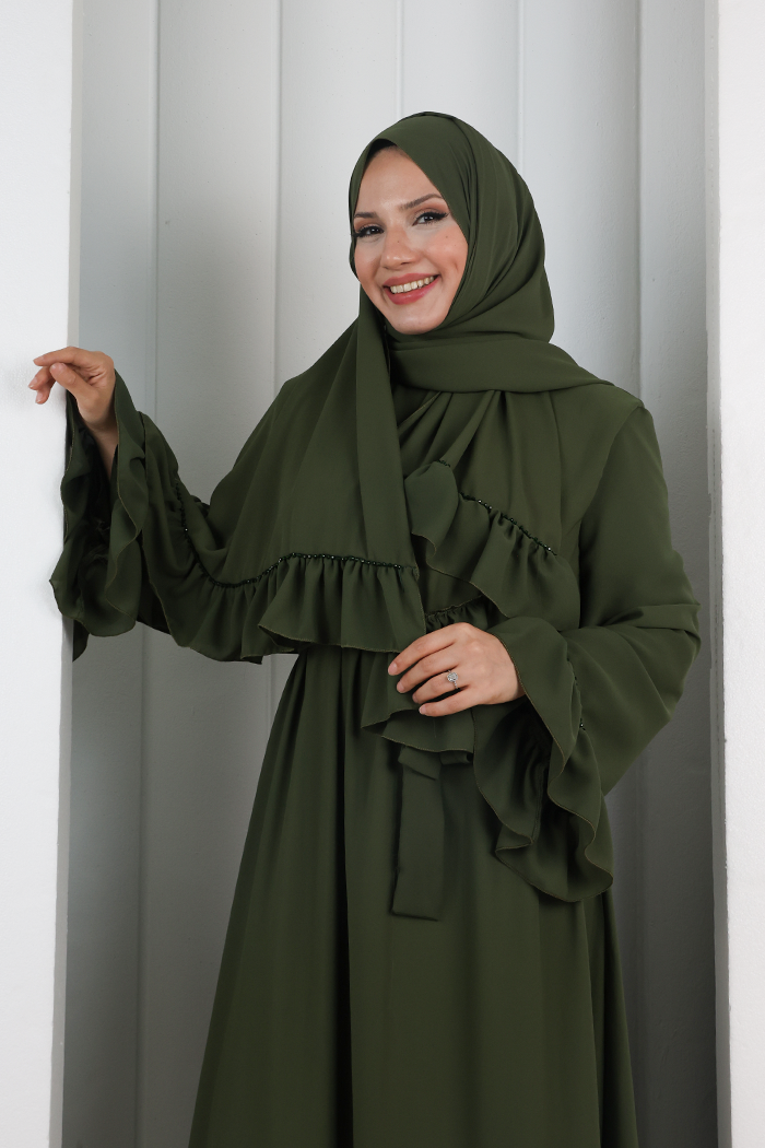 Şallı Fırfırlı Elbise 6085 Haki - 4