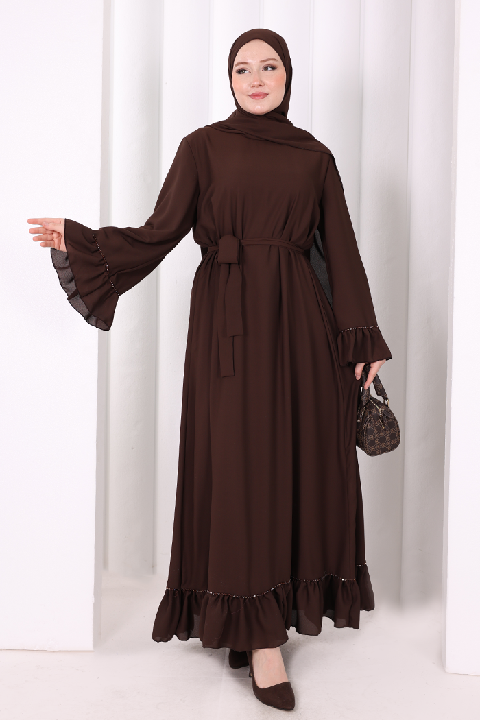 Şallı Fırfırlı Elbise 6085 Kahverengi - 1