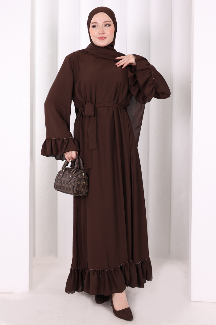 Şallı Fırfırlı Elbise 6085 Kahverengi - 2