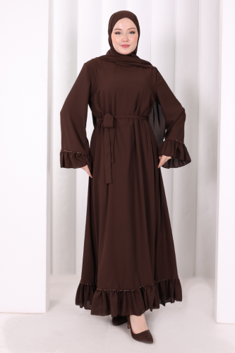 Şallı Fırfırlı Elbise 6085 Kahverengi - 3