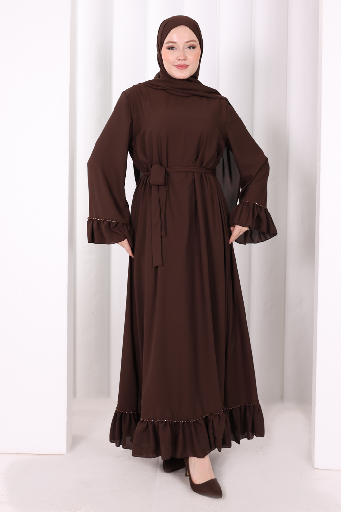 Şallı Fırfırlı Elbise 6085 Kahverengi - 3