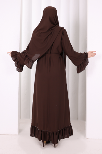 Şallı Fırfırlı Elbise 6085 Kahverengi - 5