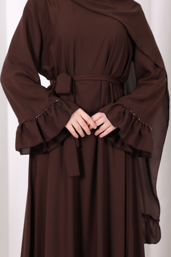 Şallı Fırfırlı Elbise 6085 Kahverengi - 6