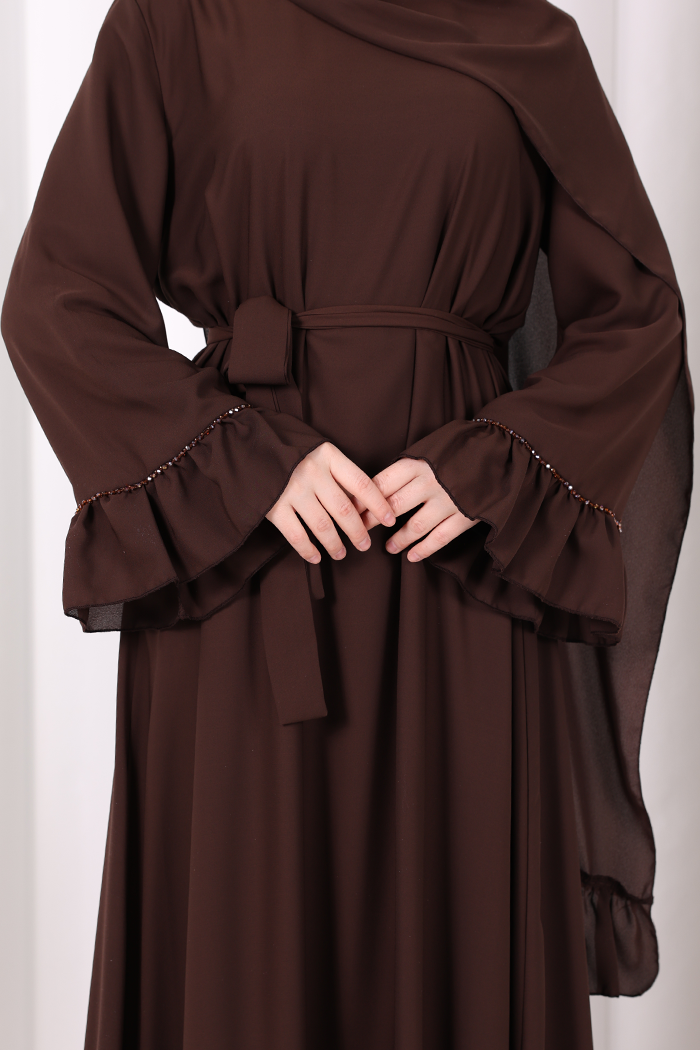 Şallı Fırfırlı Elbise 6085 Kahverengi - 6