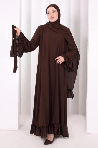 Şallı Fırfırlı Elbise 6085 Kahverengi - 7