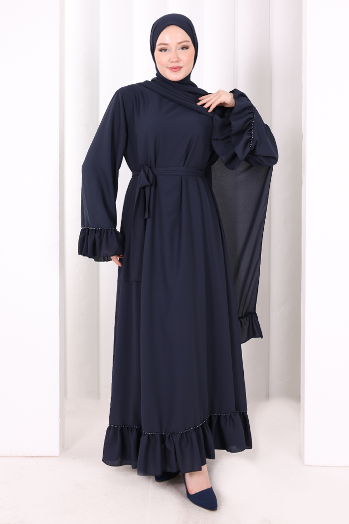 Şallı Fırfırlı Elbise 6085 Lacivert - 2