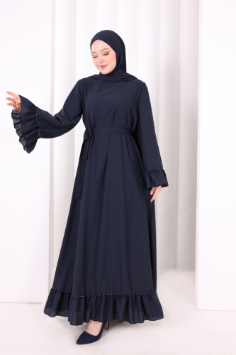 Şallı Fırfırlı Elbise 6085 Lacivert - 3