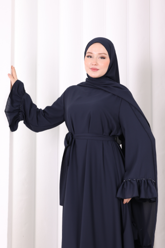 Şallı Fırfırlı Elbise 6085 Lacivert - 5