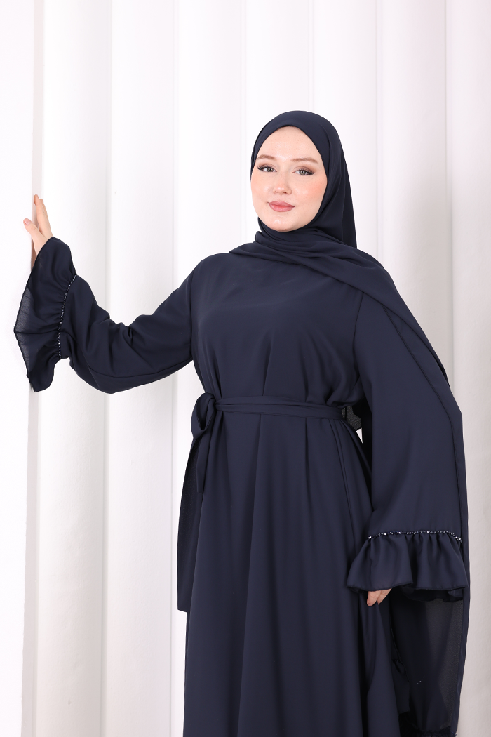 Şallı Fırfırlı Elbise 6085 Lacivert - 5