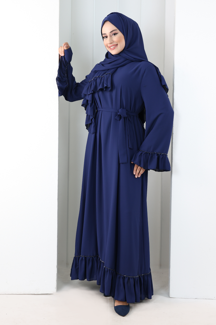 Şallı Fırfırlı Elbise 6085 Lacivert - 1