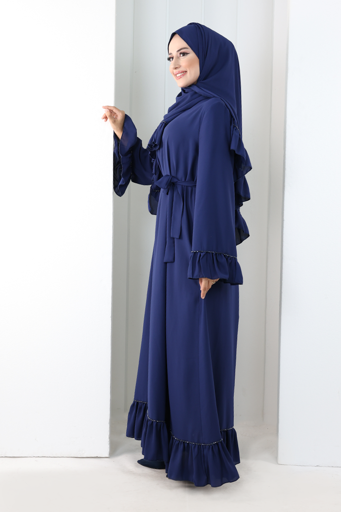Şallı Fırfırlı Elbise 6085 Lacivert - 3