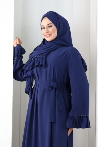 Şallı Fırfırlı Elbise 6085 Lacivert - 5