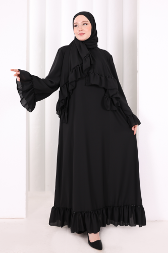 Şallı Fırfırlı Elbise 6085 Siyah