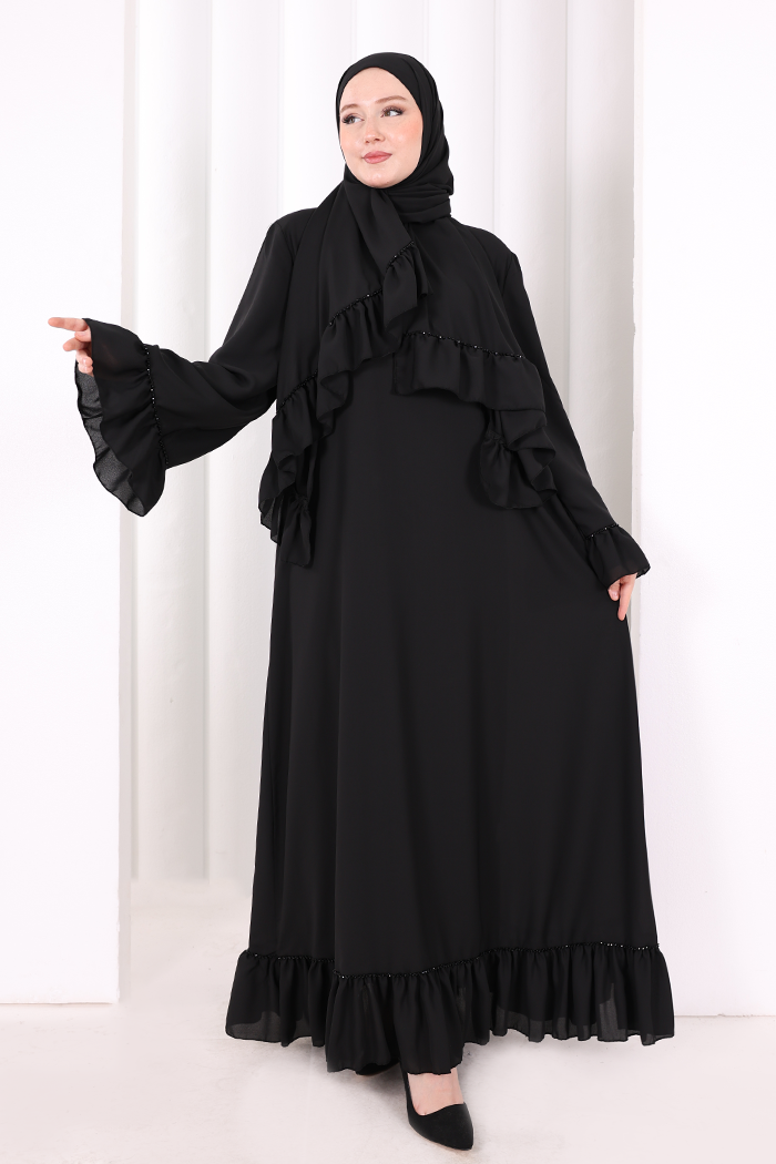 Şallı Fırfırlı Elbise 6085 Siyah - 1
