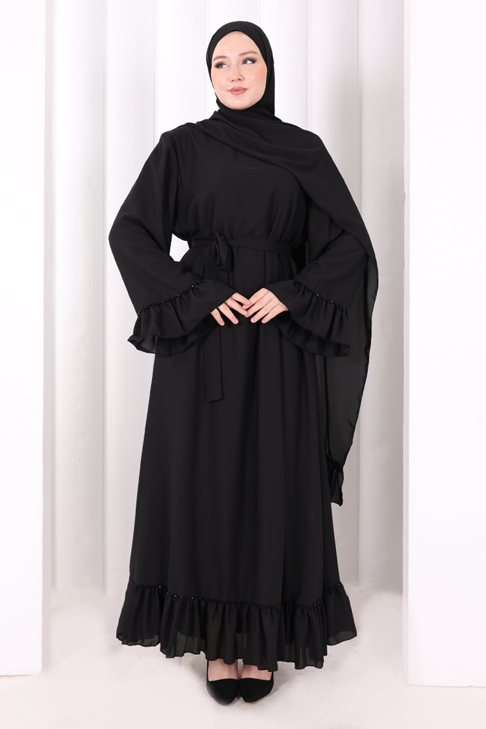 Şallı Fırfırlı Elbise 6085 Siyah - 2