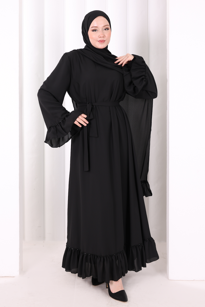 Şallı Fırfırlı Elbise 6085 Siyah - 3