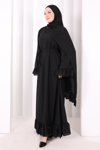 Şallı Fırfırlı Elbise 6085 Siyah - 4