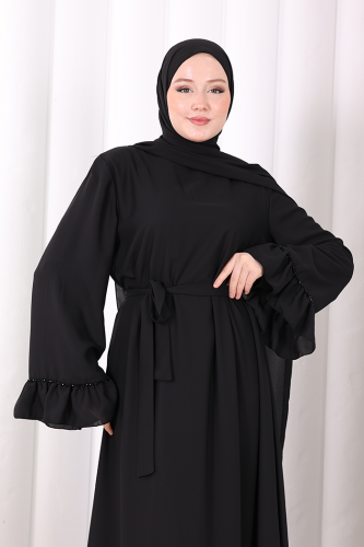 Şallı Fırfırlı Elbise 6085 Siyah - 6