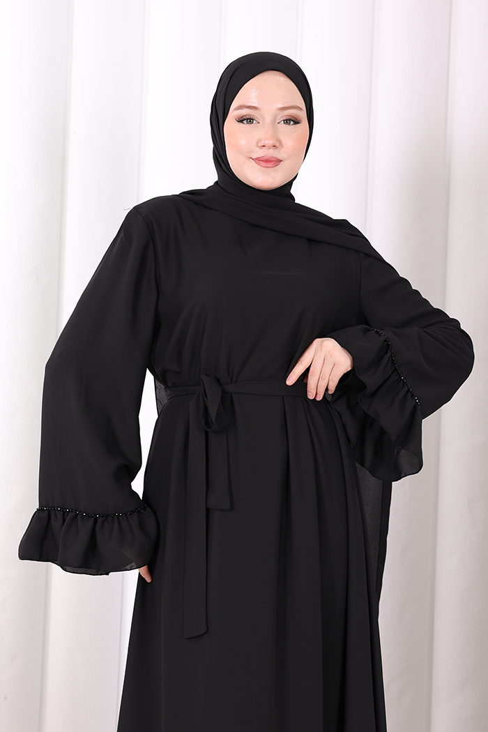 Şallı Fırfırlı Elbise 6085 Siyah - 6