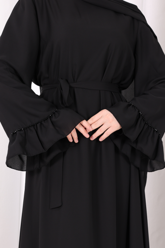 Şallı Fırfırlı Elbise 6085 Siyah - 7