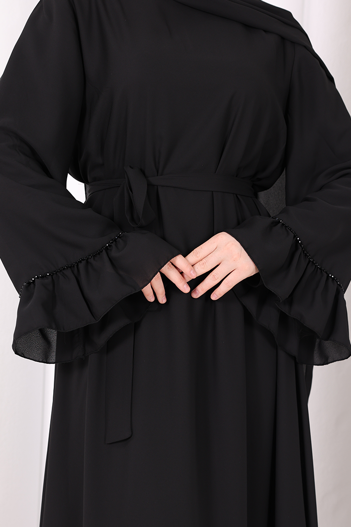 Şallı Fırfırlı Elbise 6085 Siyah - 7