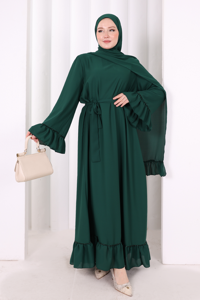 Şallı Fırfırlı Elbise 6085 Zümrüt - 1