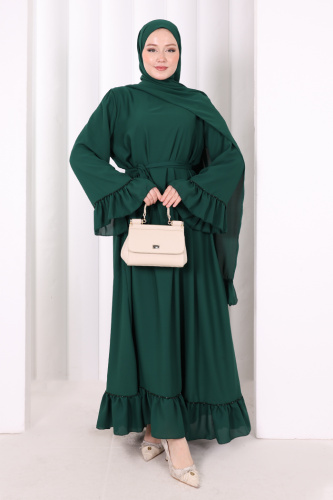 Şallı Fırfırlı Elbise 6085 Zümrüt - 2