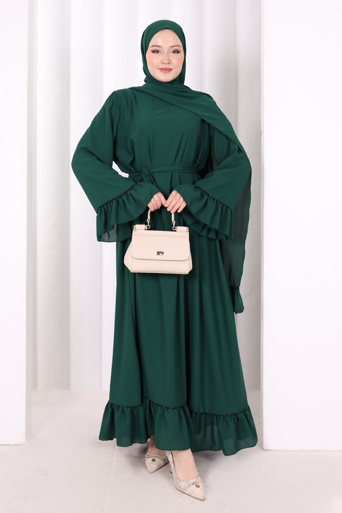 Şallı Fırfırlı Elbise 6085 Zümrüt - 2