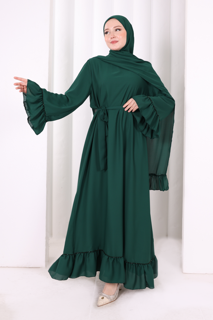 Şallı Fırfırlı Elbise 6085 Zümrüt - 3