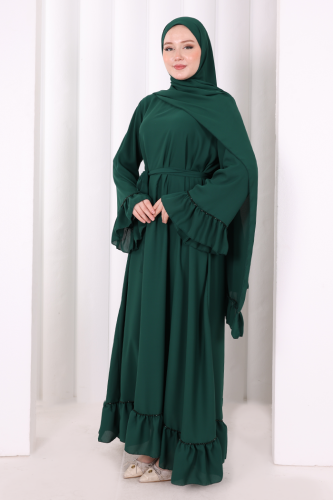 Şallı Fırfırlı Elbise 6085 Zümrüt - 4