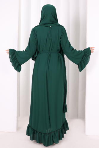 Şallı Fırfırlı Elbise 6085 Zümrüt - 5