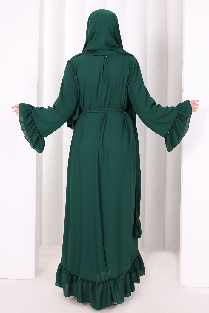 Şallı Fırfırlı Elbise 6085 Zümrüt - 5